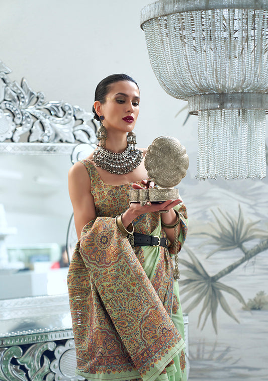 Light Green Royal Kashmiri Silk Zari Weaving Saree in Pashmina Style