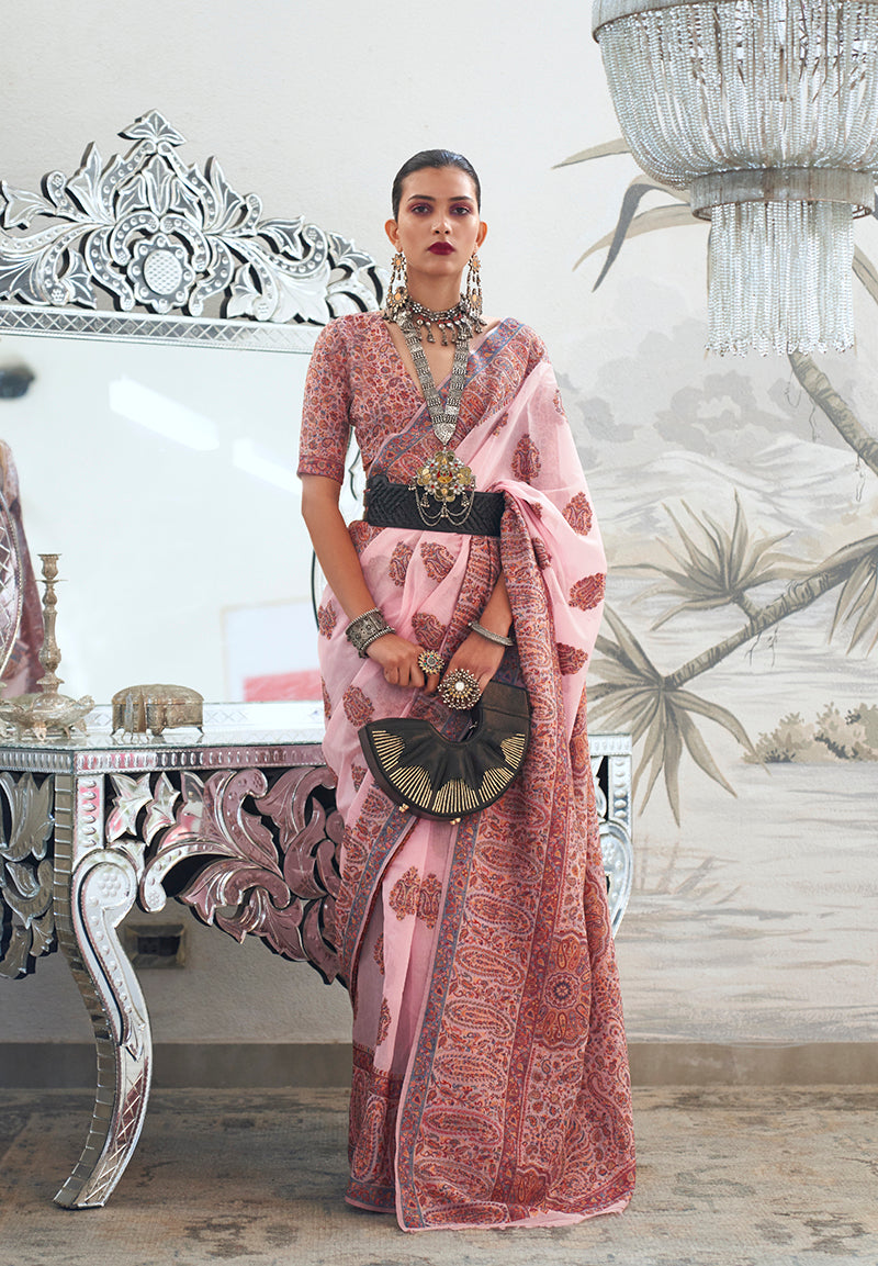 Light Pink Royal Kashmiri Silk Zari Weaving Saree in Pashmina Style