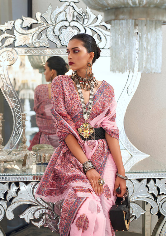 Light Pink Royal Kashmiri Silk Zari Weaving Saree in Pashmina Style