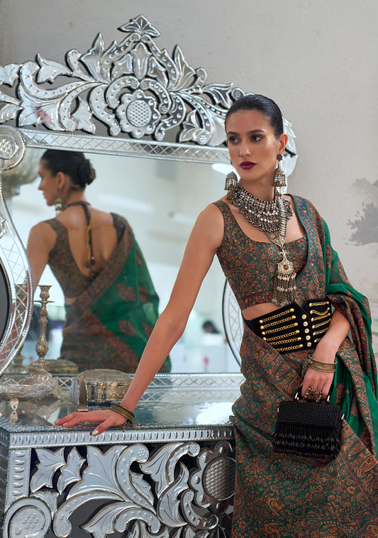Emerald Green Royal Kashmiri Silk Zari Weaving Saree in Pashmina Style