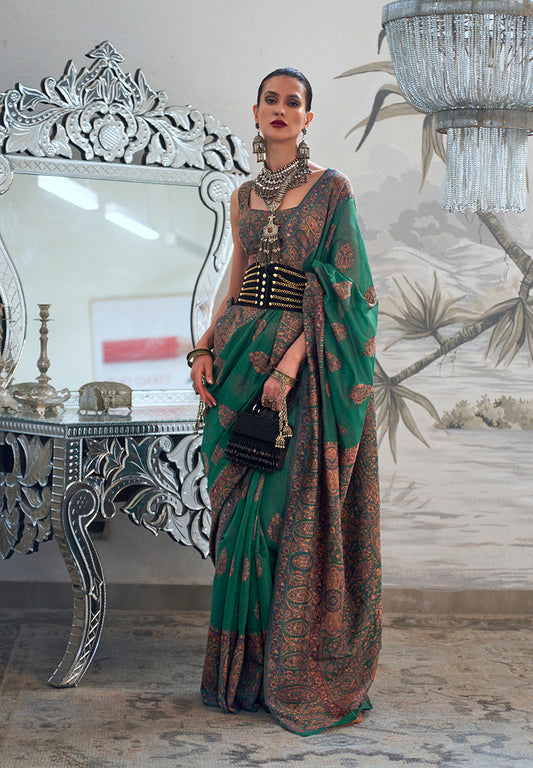 Emerald Green Royal Kashmiri Silk Zari Weaving Saree in Pashmina Style