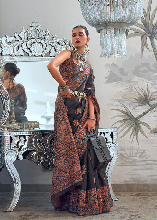 Black Royal Kashmiri Silk Zari Weaving Saree in Pashmina Style