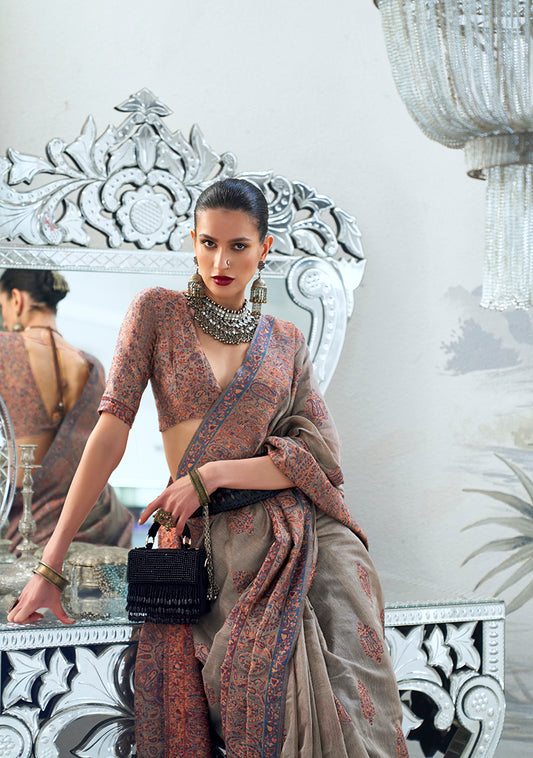 Gray Royal Kashmiri Silk Zari Weaving Saree in Pashmina Style