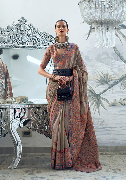 Gray Royal Kashmiri Silk Zari Weaving Saree in Pashmina Style
