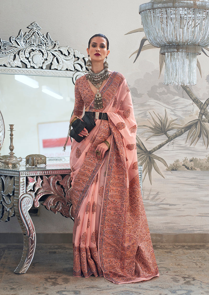 Peach Royal Kashmiri Silk Zari Weaving Saree in Pashmina Style