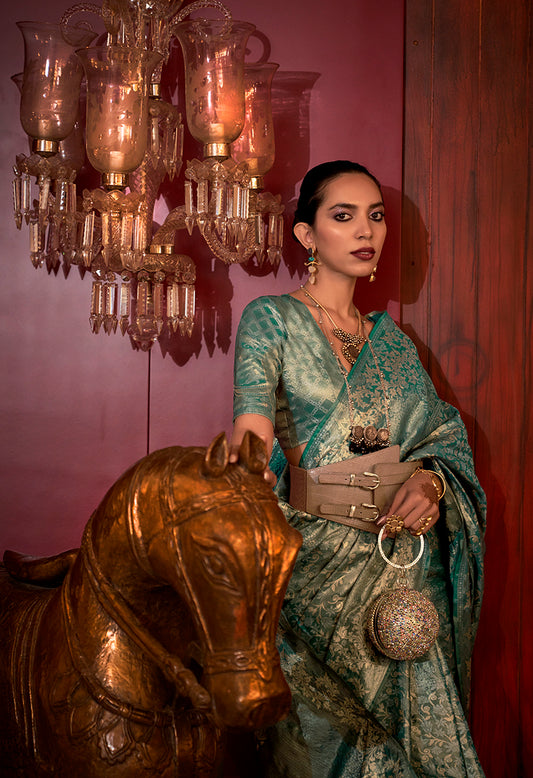 Teal Silk Rich Traditional Saree with Grand Zari Weaving
