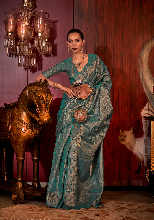 Teal Silk Rich Traditional Saree with Grand Zari Weaving