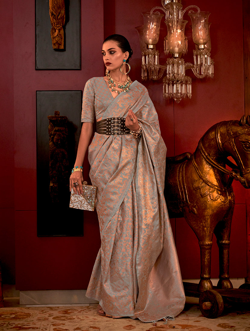 Slate Gray Silk Rich Traditional Saree with Grand Zari Weaving