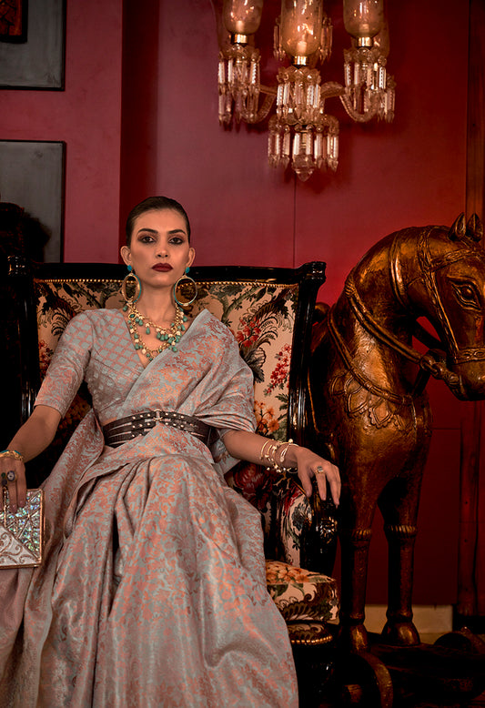 Slate Gray Silk Rich Traditional Saree with Grand Zari Weaving
