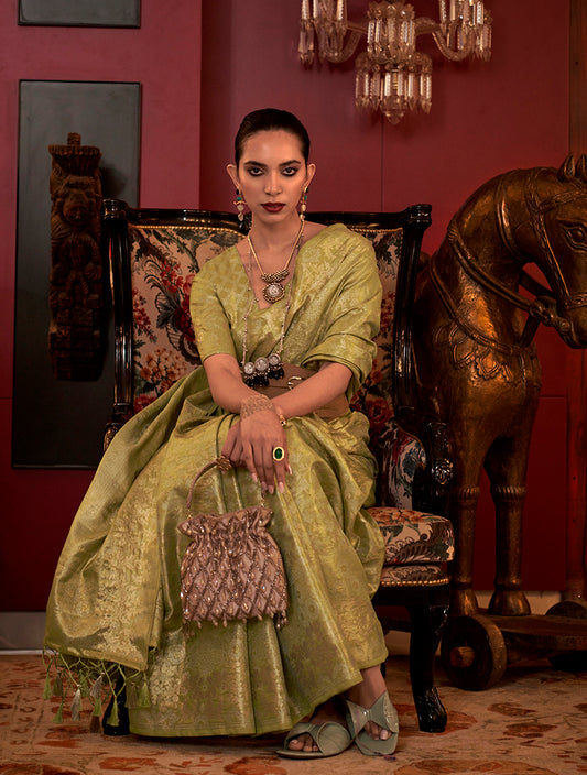 Olive Silk Rich Traditional Saree with Grand Zari Weaving