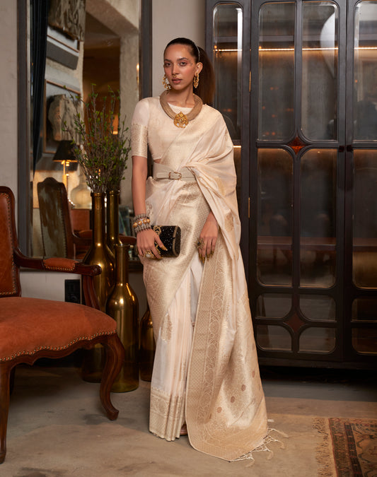 Cream Khadi Silk Nylon Weaving Saree with Ethnic Motifs