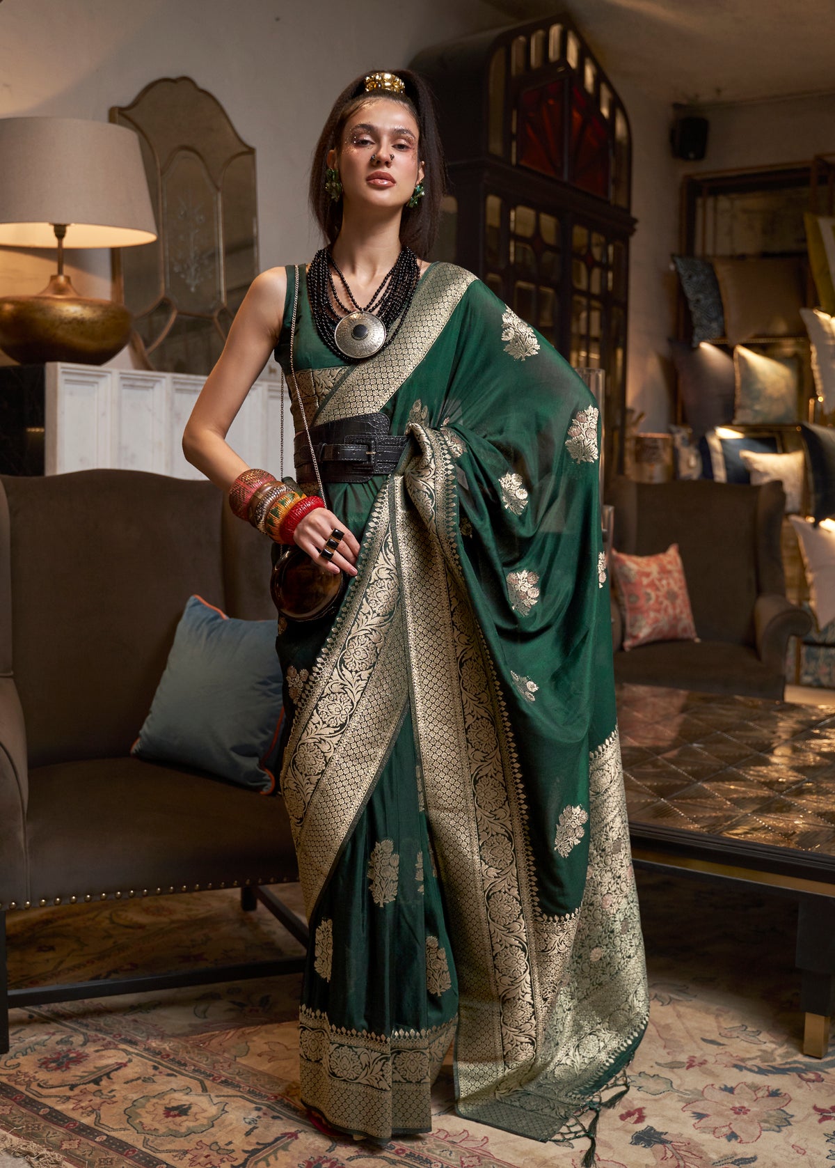 Dark Green Khadi Silk Nylon Weaving Saree with Ethnic Motifs