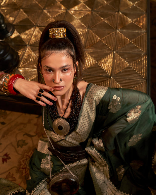 Dark Green Khadi Silk Nylon Weaving Saree with Ethnic Motifs