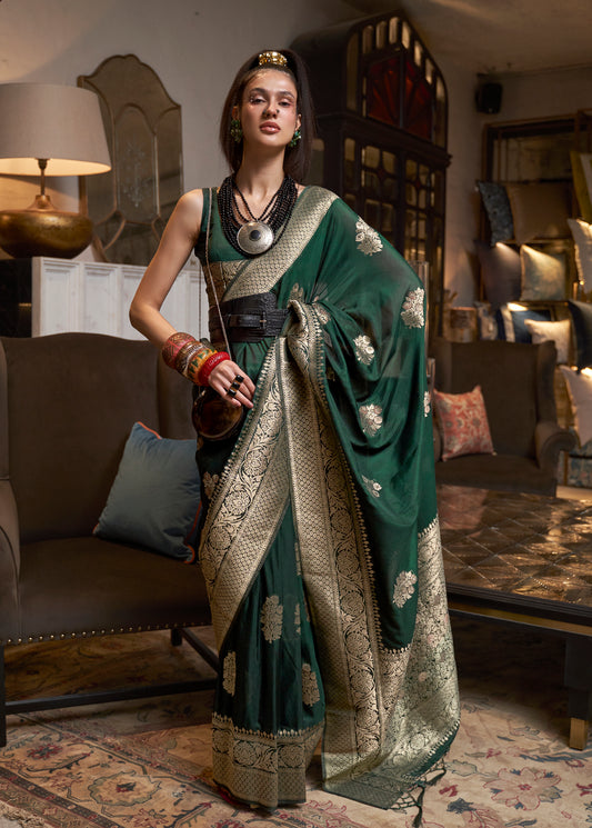 Dark Green Khadi Silk Nylon Weaving Saree with Ethnic Motifs