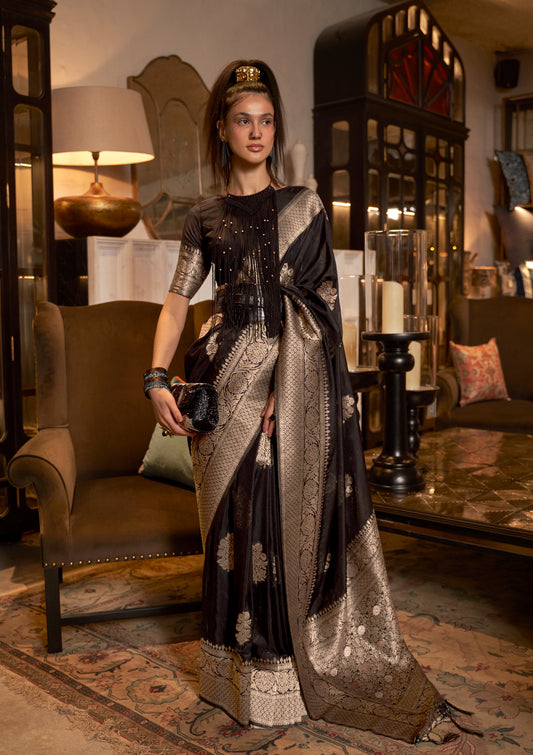 Black Khadi Silk Nylon Weaving Saree with Ethnic Motifs