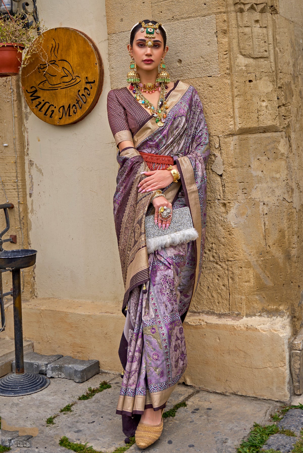 Lavender Silk Printed Gold Finish Trendy Saree