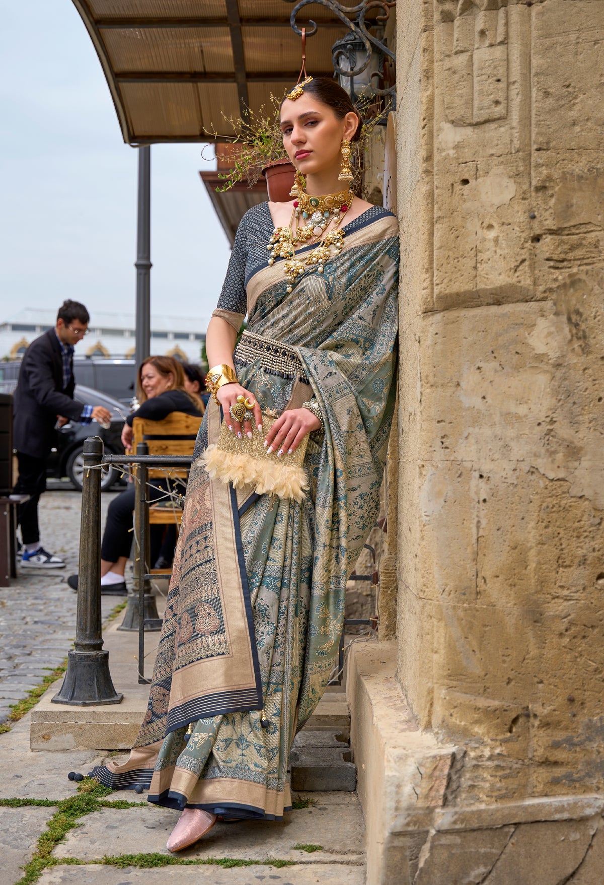 Gray Silk Printed Gold Finish Trendy Saree