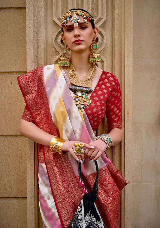 White & Red Silk Saree with Intricate Zari Woven Borders