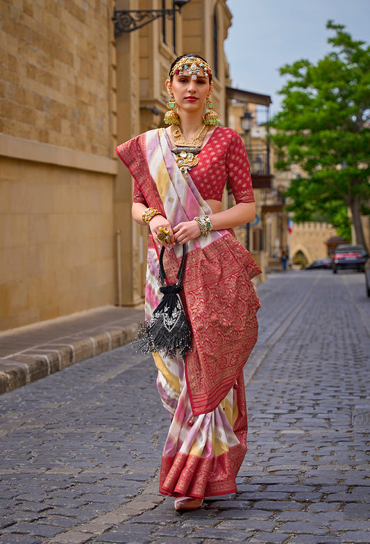 White & Red Silk Saree with Intricate Zari Woven Borders