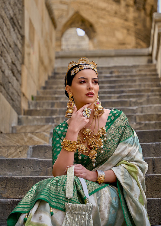 White & Green Silk Saree with Intricate Zari Woven Borders