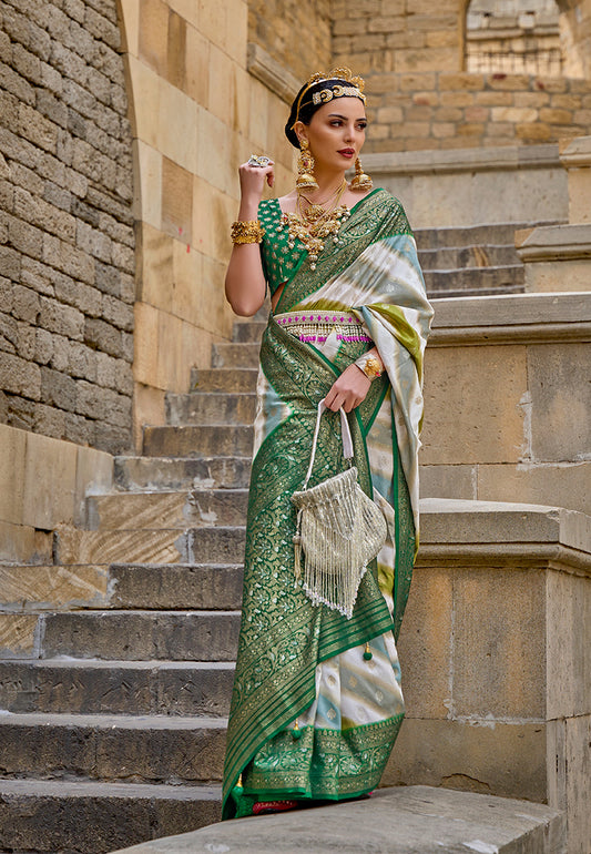 White & Green Silk Saree with Intricate Zari Woven Borders