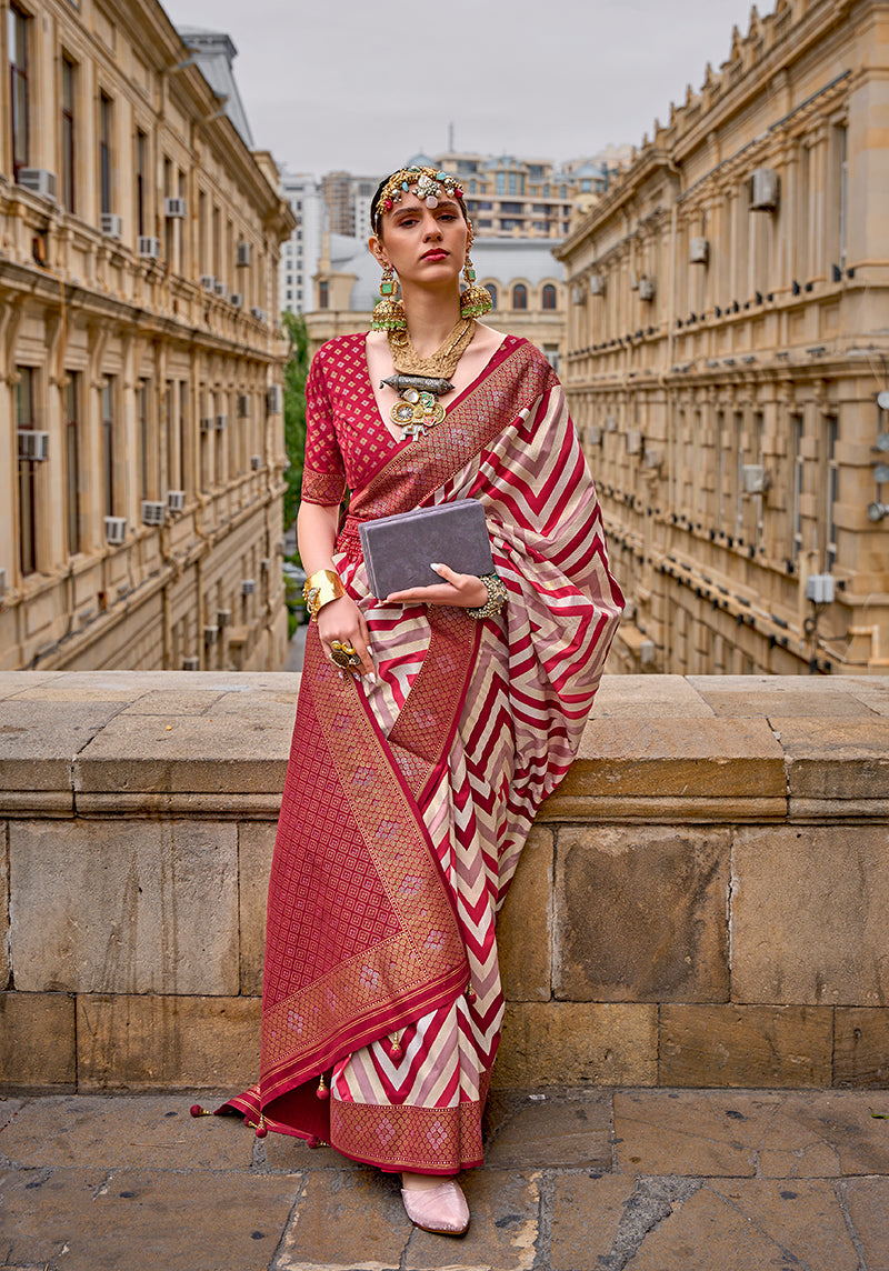 Red Silk Saree with Intricate Zari Woven Borders