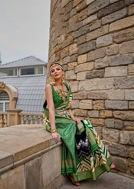 Green Silk Saree with Intricate Zari Woven Borders