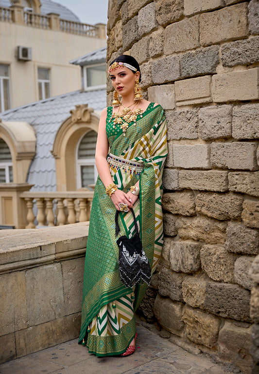 Green Silk Saree with Intricate Zari Woven Borders
