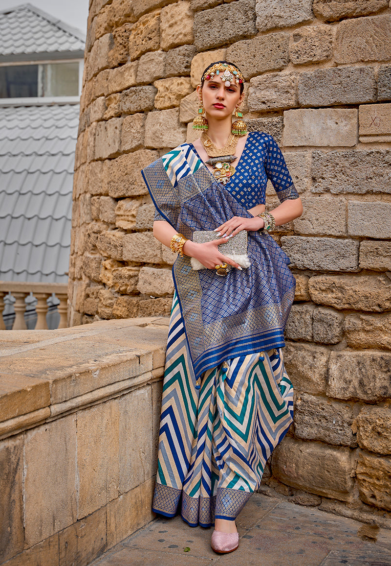 Blue Silk Saree with Intricate Zari Woven Borders