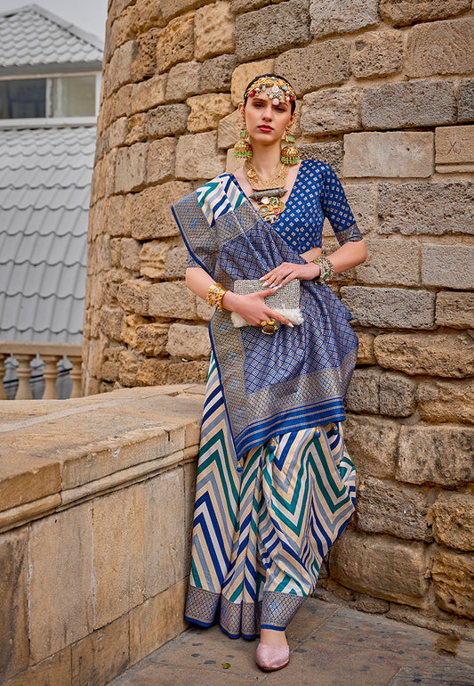 Blue Silk Saree with Intricate Zari Woven Borders