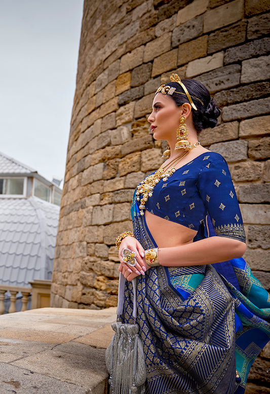 Blue Silk Saree with Intricate Zari Woven Borders