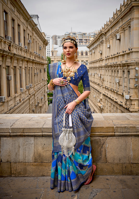 Blue Silk Saree with Intricate Zari Woven Borders