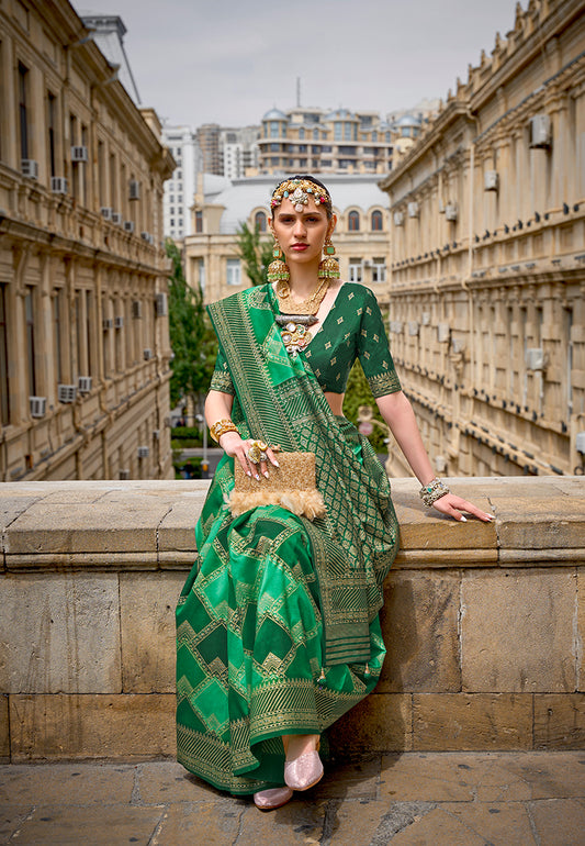 Green Silk Saree with Intricate Zari Woven Borders