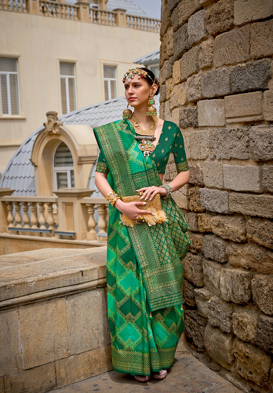 Green Silk Saree with Intricate Zari Woven Borders