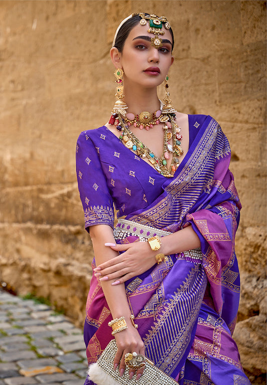 Purple Silk Saree with Intricate Zari Woven Borders