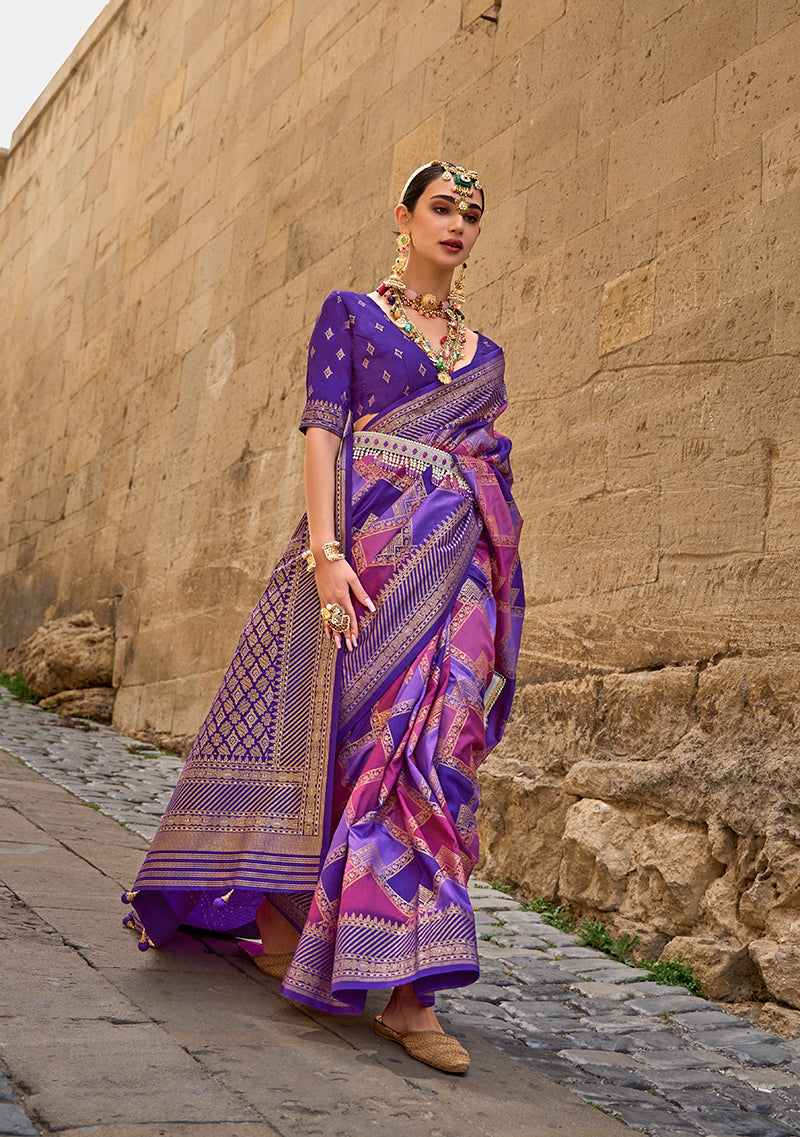 Purple Silk Saree with Intricate Zari Woven Borders