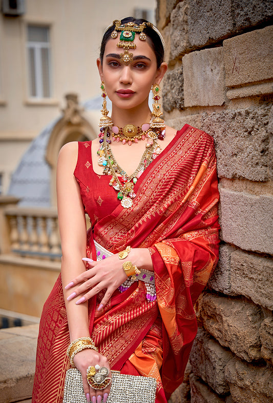 Red Silk Saree with Intricate Zari Woven Borders