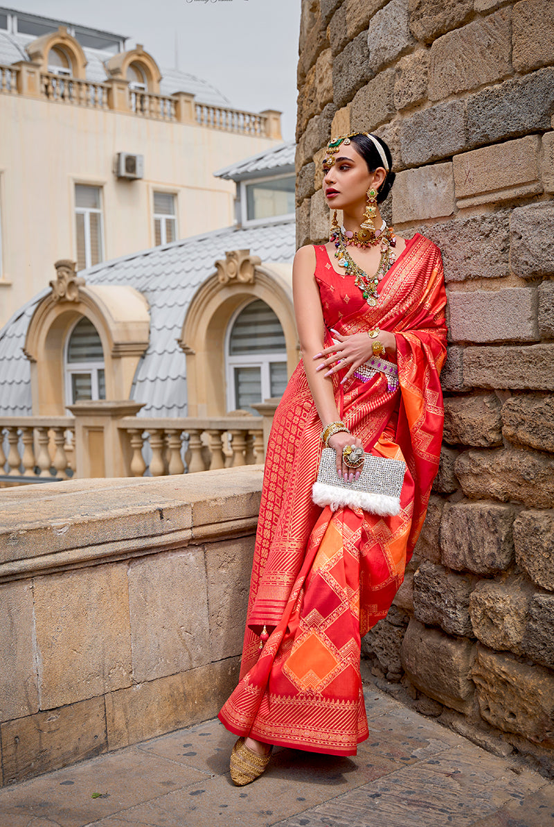 Red Silk Saree with Intricate Zari Woven Borders