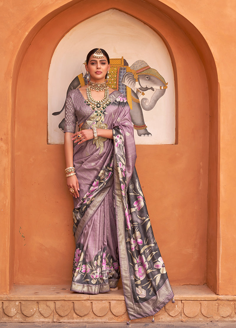 Mauve Silk Blend Weaving Printed Saree With Blouse
