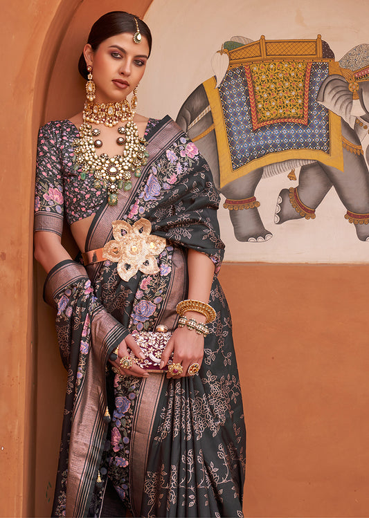 Black Silk Blend Weaving Printed Saree With Blouse