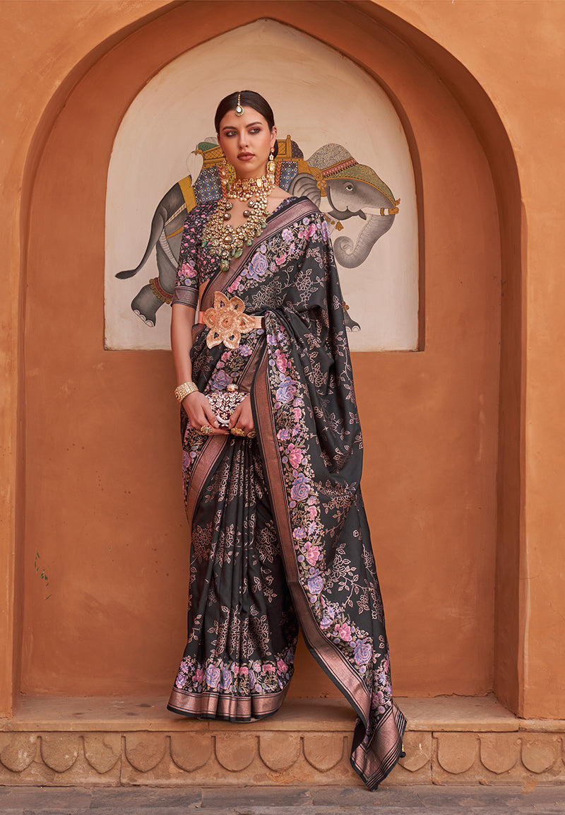Black Silk Blend Weaving Printed Saree With Blouse