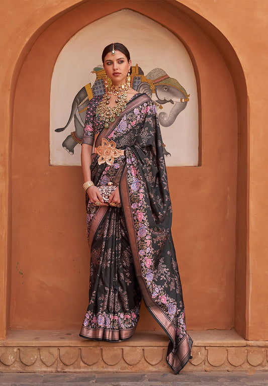 Black Silk Blend Weaving Printed Saree With Blouse