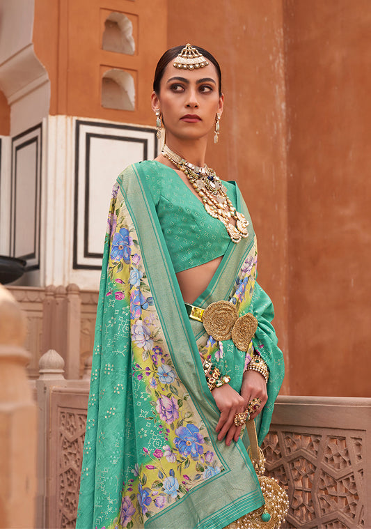 Turquoise Silk Blend Weaving Printed Saree With Blouse