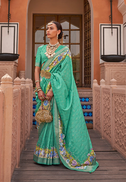 Turquoise Silk Blend Weaving Printed Saree With Blouse