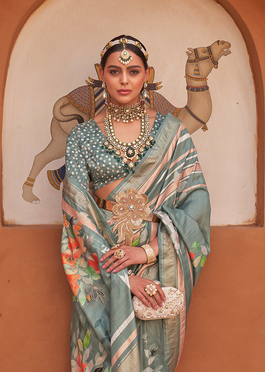 Gray Silk Blend Weaving Printed Saree With Blouse