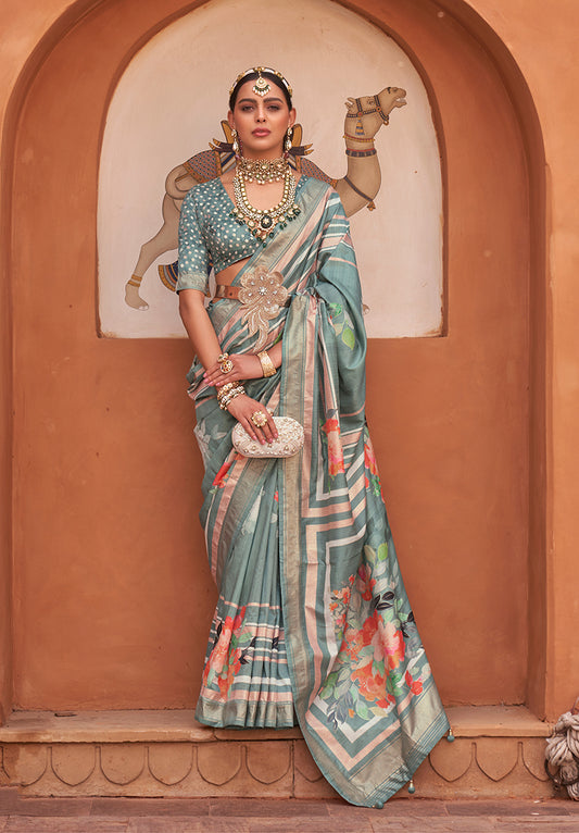 Gray Silk Blend Weaving Printed Saree With Blouse