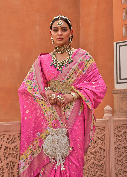 Bright Pink Silk Blend Weaving Printed Saree With Blouse