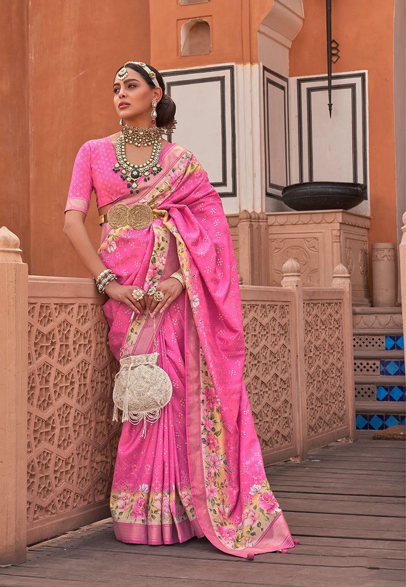 Bright Pink Silk Blend Weaving Printed Saree With Blouse