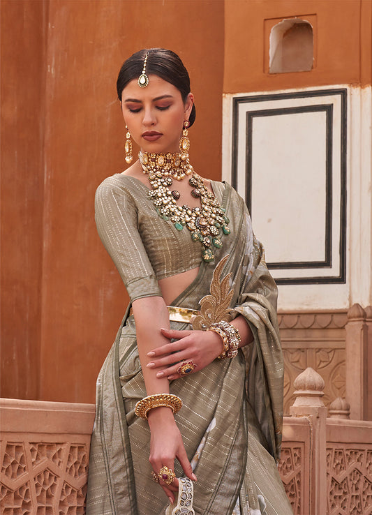 Sage Green Silk Blend Weaving Printed Saree With Blouse