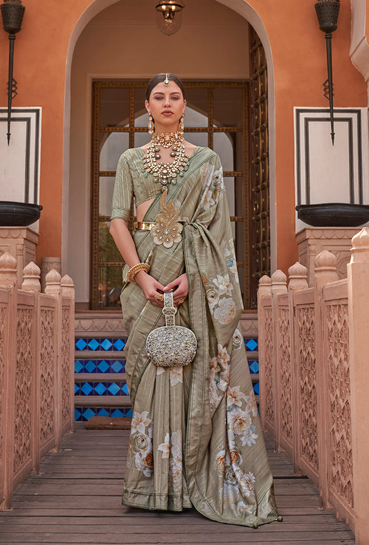Sage Green Silk Blend Weaving Printed Saree With Blouse